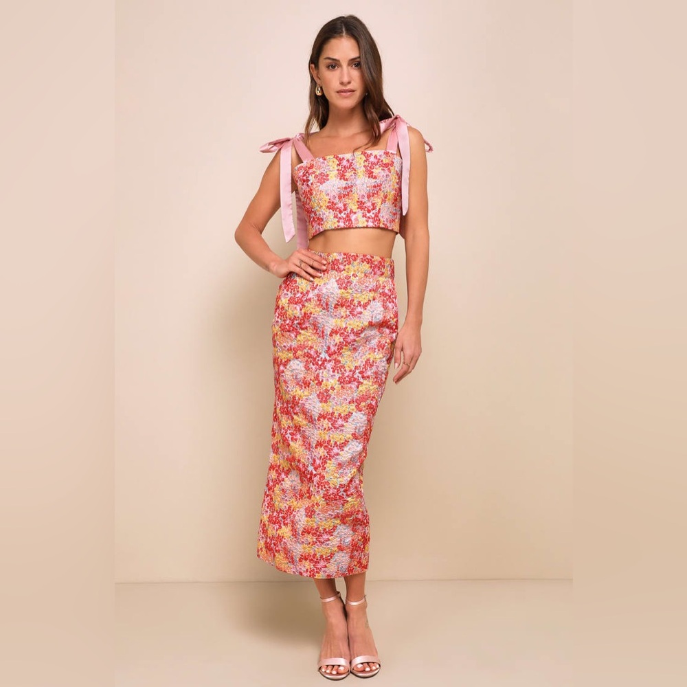 LULUS Ellarina Pink Multi Metallic Tie-Strap Two-Piece Midi Dress - Size S
